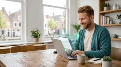 ondernemer zit achter zijn laptop en heeft zijn veiligheid goed op orde